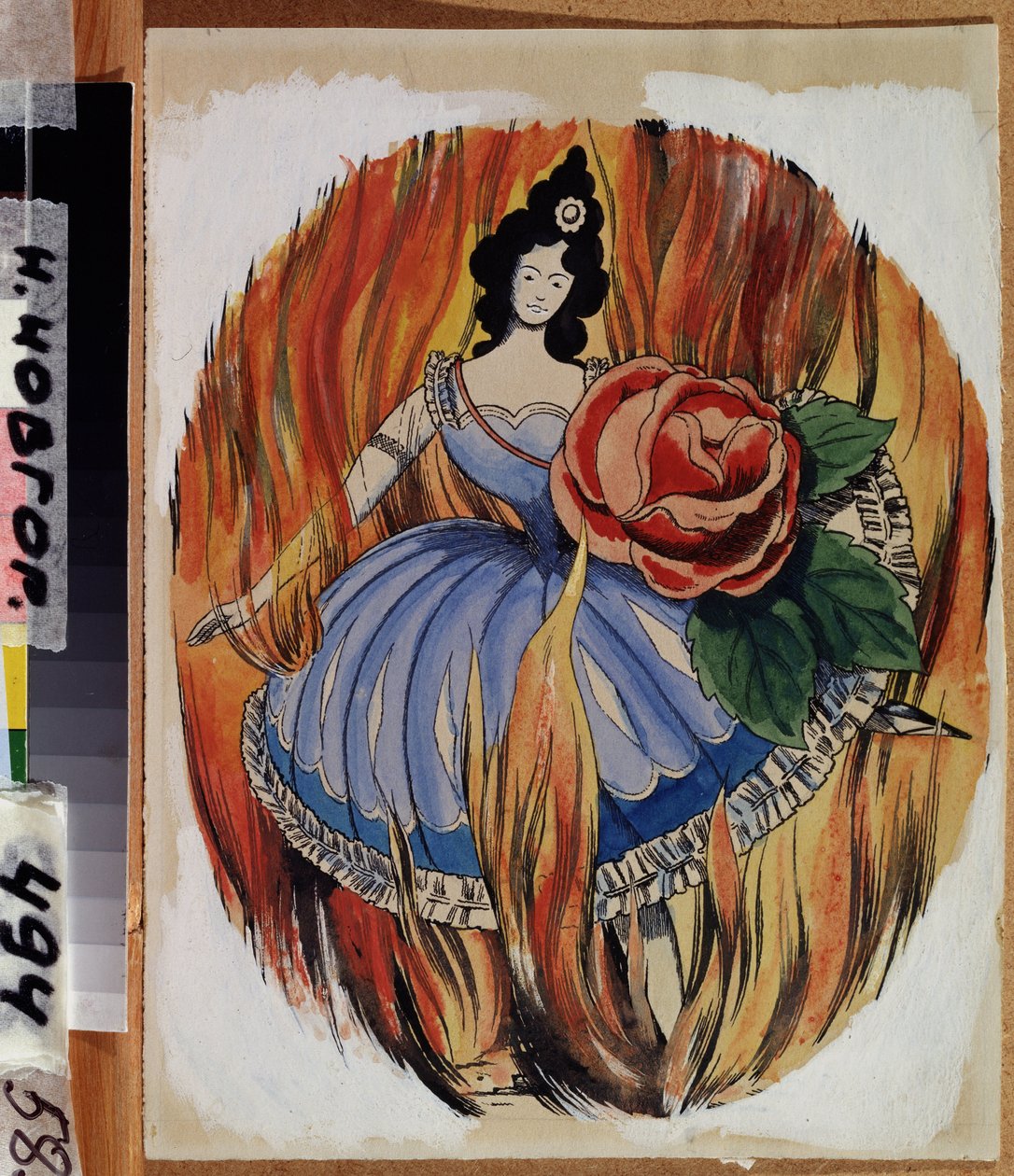 Priesterin des Feuers. Eine Ballerina skizziert einen Tanzschritt inmitten der Flammen. Werk von Georgi Ivanovich Narbut (1886-1920), Aquarell und Tinte auf Papier, um 1910. Russische Kunst, Anfang des 20. Jahrhunderts, Symbolismus. Staatliches Kunstmuseum von Georgy Narbut