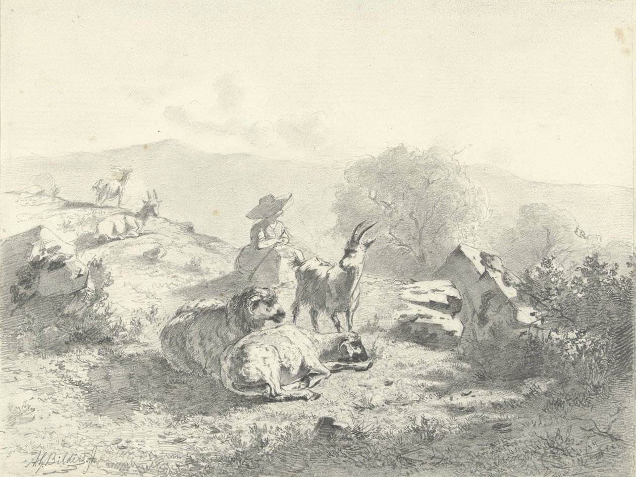 Hirtin mit Ziegen und Schafen in bergiger Landschaft von Gerard Bilders