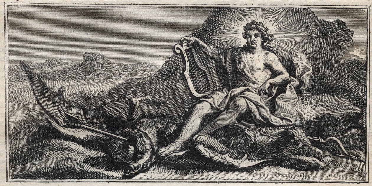 Apollo besiegt die Hydra - Gravur von Gerard Edelinck nach Daniel Halle (1614-1675) von Gérard Edelinck