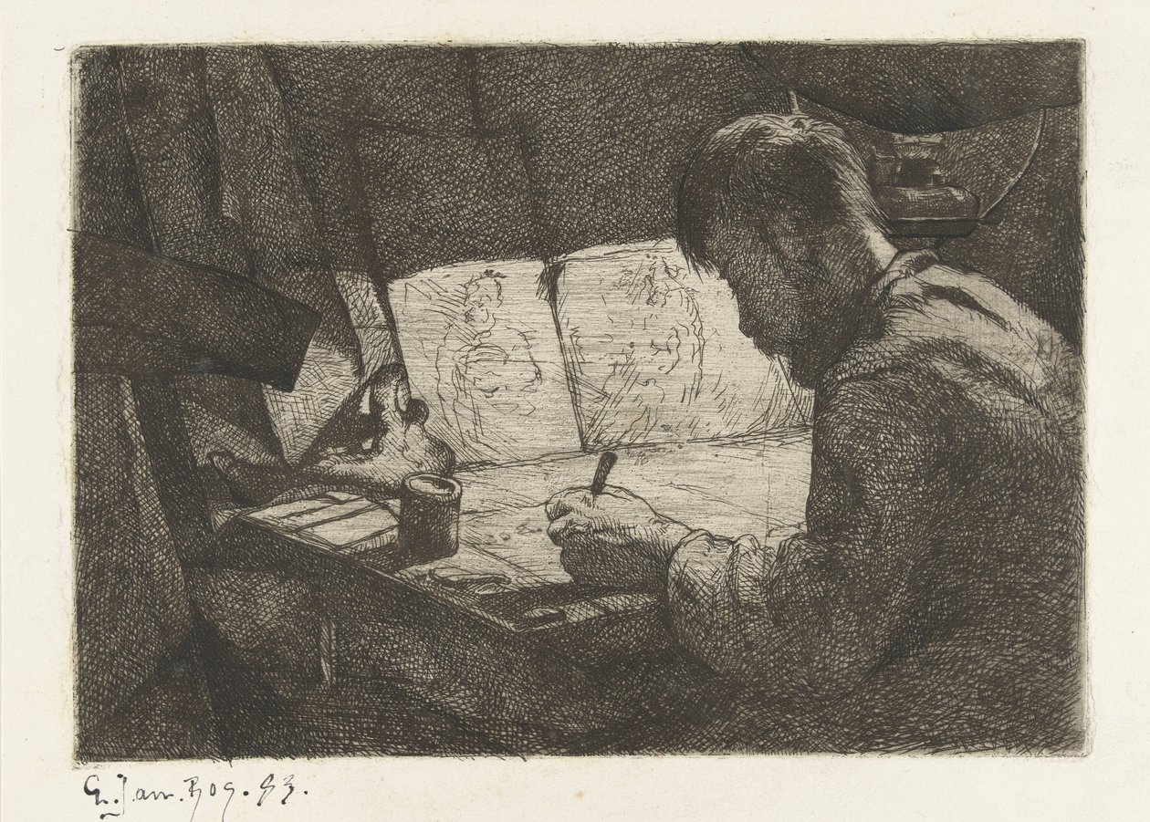 Selbstporträt am Zeichentisch von Gerard Jan Bos (signed by artist)