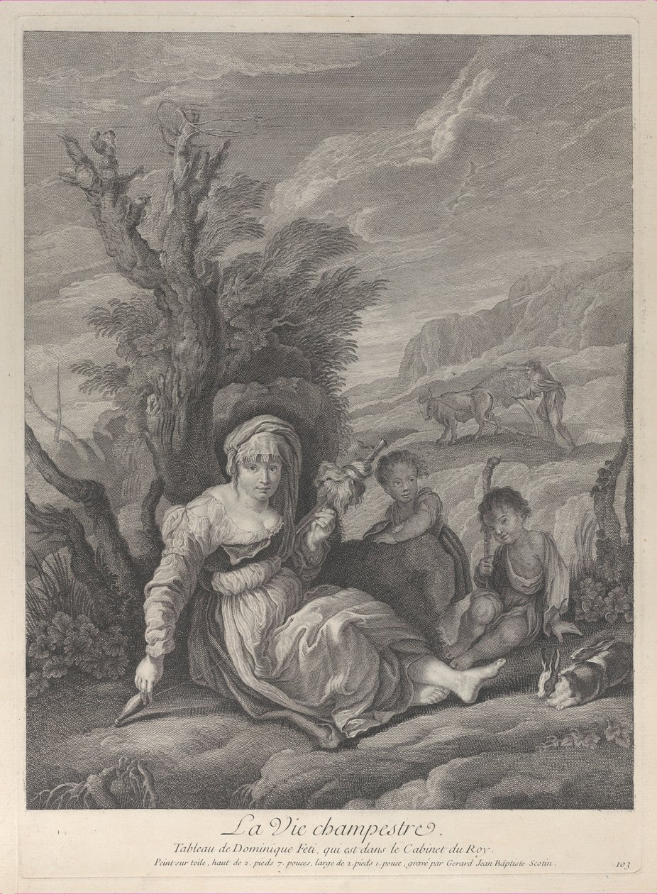 Eine Landfrau sitzt in einer Landschaft mit zwei Jungen an ihrer Seite, 1729-40 von Gerard Jean Baptiste Scotin