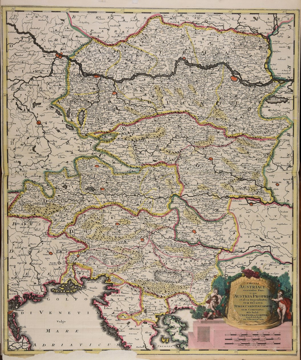 Östlicher Teil des österreichischen Kreises, in dem Österreich selbst und die von ihm abhängigen Herzogtümer Steiermark, Kärnten, Krain sowie die eingeschlossenen Grafschaften Cilli und Görz einzeln unterteilt sind von Gerard Valck