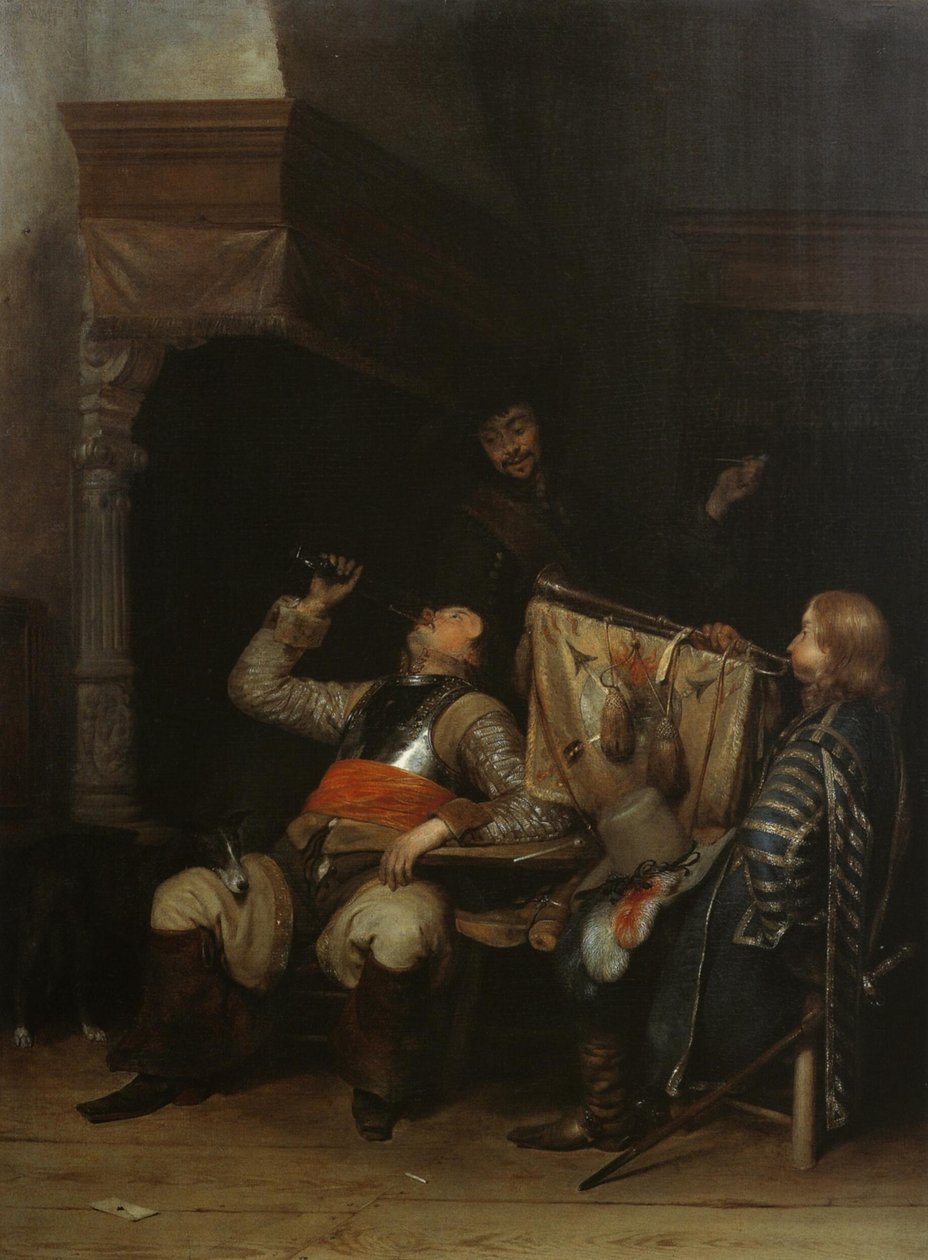 Soldaten trinken, rauchen und musizieren in einem Innenraum von Gerard ter Borch
