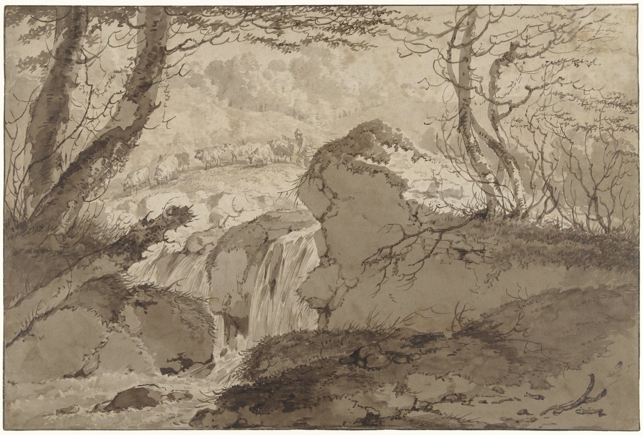 Berglandschaft mit Wasserfall zwischen Bäumen, entlang dem ein Schäfer seine Herde führt von Gerard van Nijmegen