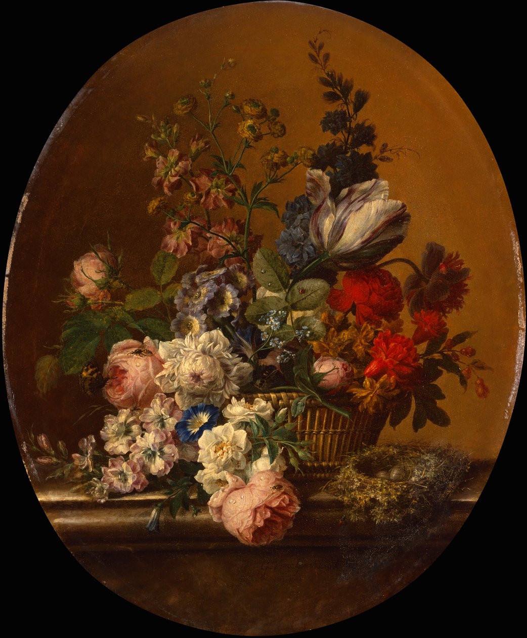 Stillleben mit Blumen in einem Korb und einem Nest eines Heckenbraunellen auf einem Steinabsatz von Gerard van Spaendonck
