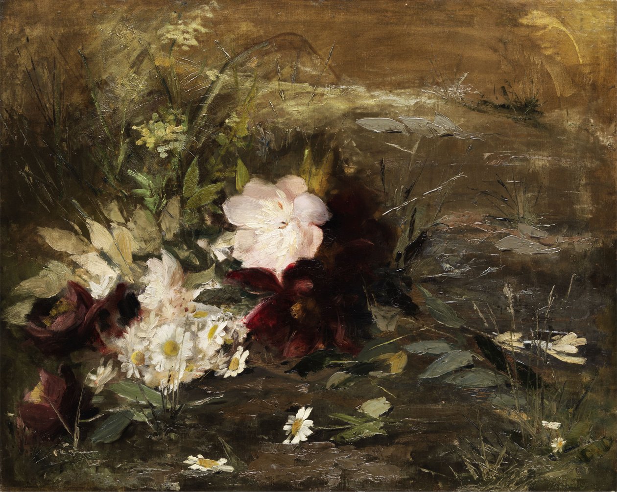 Seerosenblumen und Margeriten am Ufer von Gerardina Jacoba van de Sande Bakhuyzen