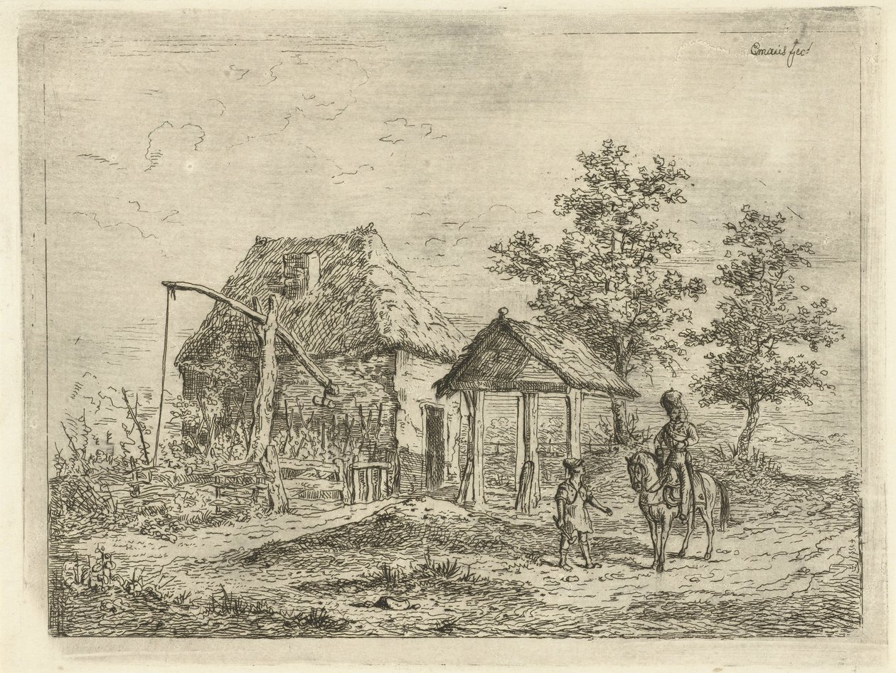 Kavallerist bei einem Bauernhof (Der reitende Artillerist und der Bauer) von Gerardus Emaus de Micault