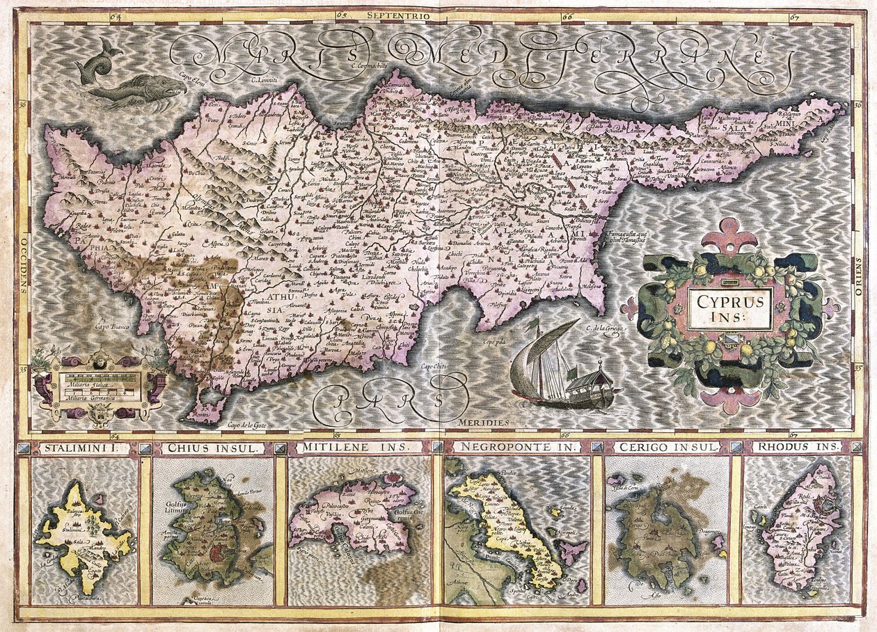 Zypern und die Inseln Stalimini (Lemnos), Chios, Mitilene, Negroponte, Cerigo und Rhodos von Gerardus Mercator