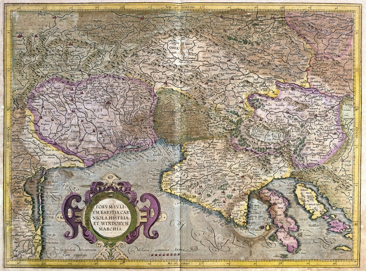 Friaul, Italien - Slowenien (Istrien) mit dem Golf von Triest und Balkan (Stich) von Gerardus Mercator