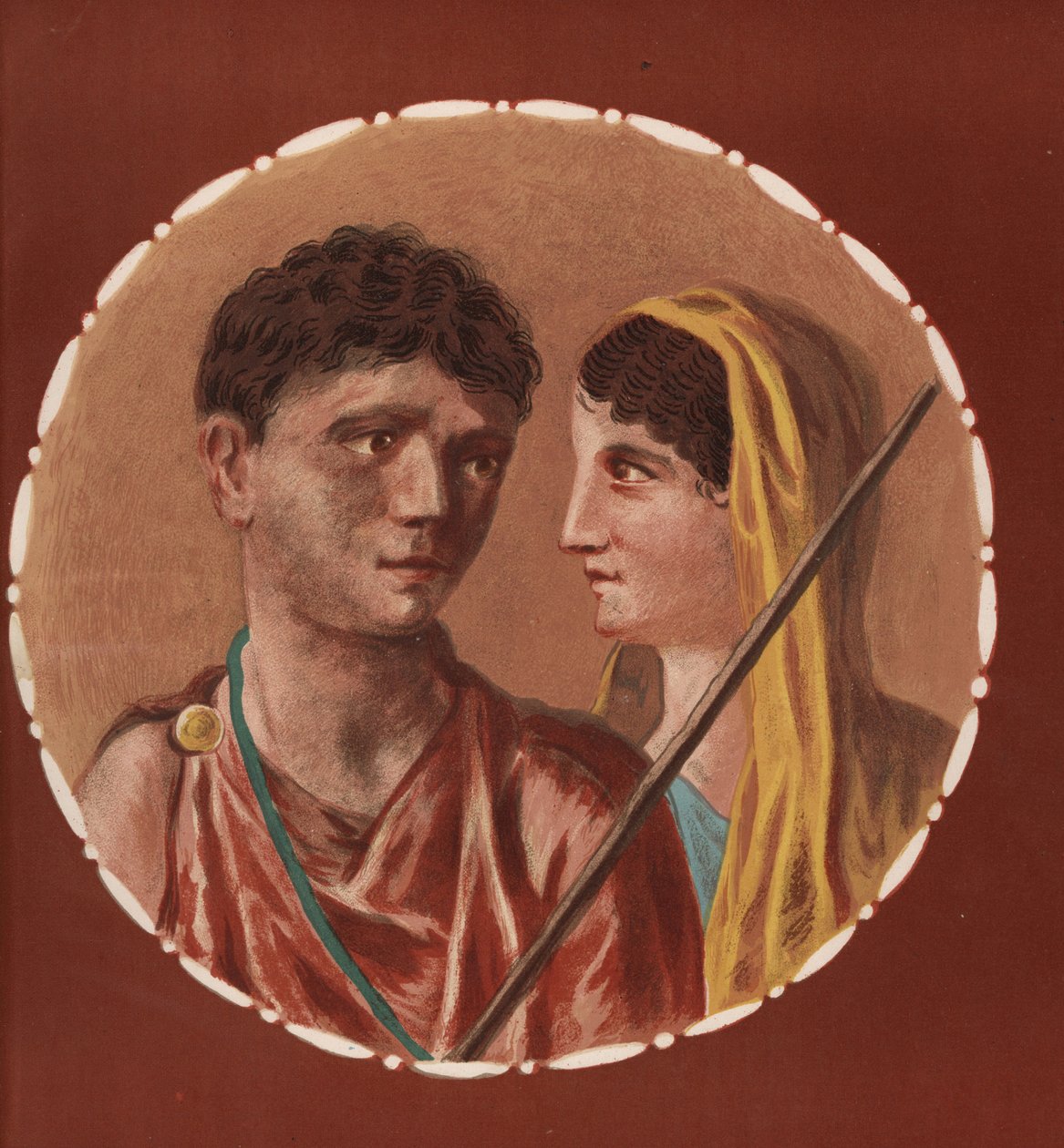 Porträt eines Mannes und einer Frau aus einem nicht identifizierten Haus in Pompeji. Chromolithographie von Victor Steeger nach einer Illustration von Geremia Discanno aus Emile Presuhn (1844-1878) Die schönsten Gemälde von Pompeji, Leipzig von Geremia Discanno