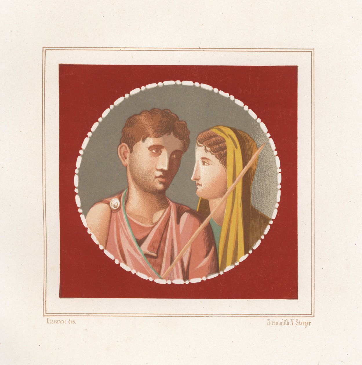 Porträt eines Mannes und einer Frau aus einem nicht identifizierten Haus in Pompeji, Chromolithographie von Victor Steeger nach einer Illustration von Geremia Discanno aus Emile Presuhn 