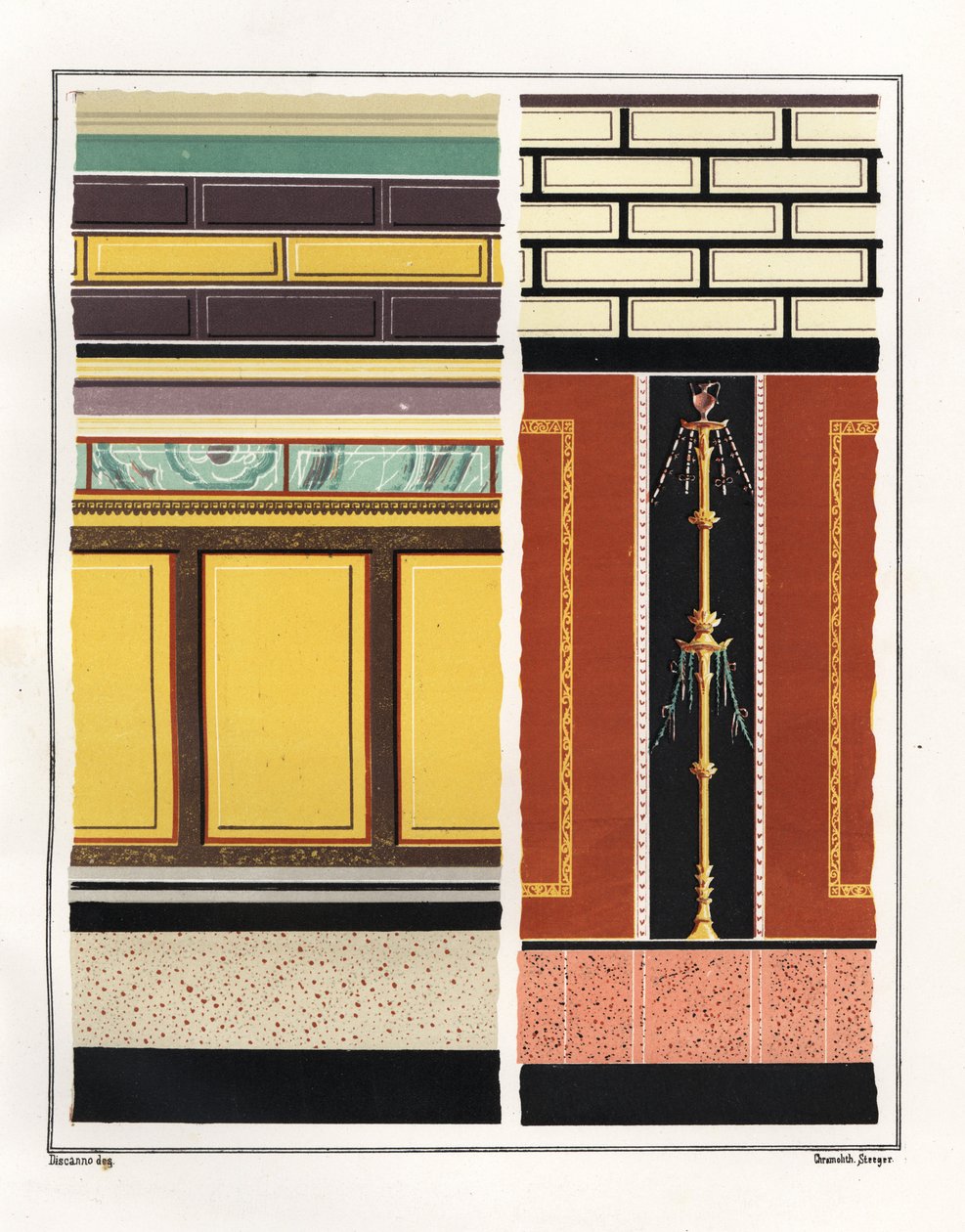 Wandmalereien aus Räumen im Haus der Epigramme. V, Ins. 1, Nr. 18. Links ein Wandbild aus einem Atrium, rechts ein Wandbild aus einem Vorzimmer. Chromolithographie von Victor Steeger nach einer Illustration von Geremia Discanno aus Emile Presuhn (1844 von Geremia Discanno
