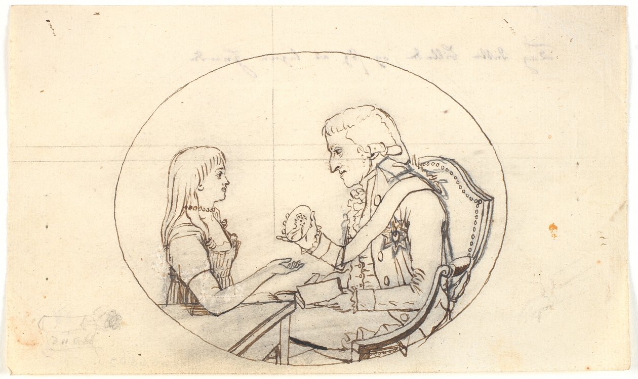 Erbprinz Frederik mit dem Erbprinzen (Chr. VIII) zeigt ein Porträt der verstorbenen Erbprinzessin Sofie Frederikke von Gerhard Ludvig Lahde