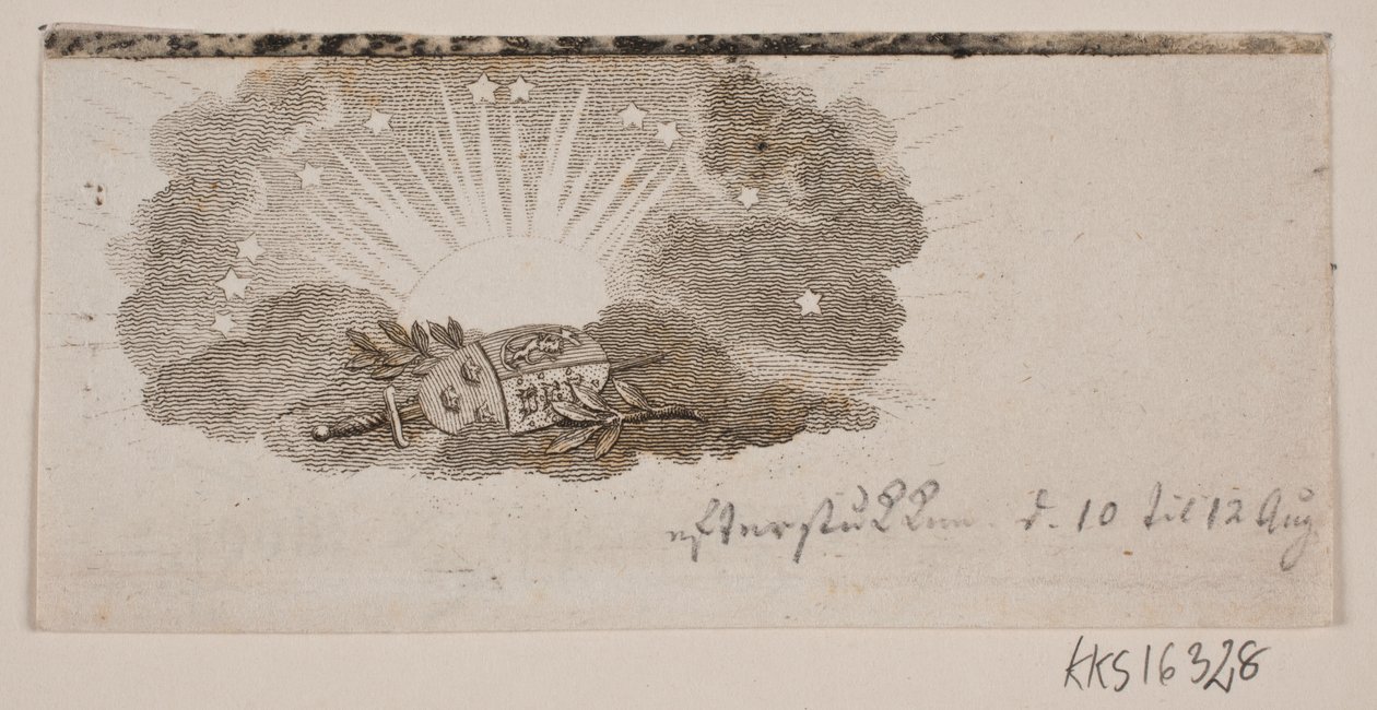 Vignette mit den Wappen der drei nordischen Reiche in Wolken vor der Sonne von Gerhard Ludvig Lahde