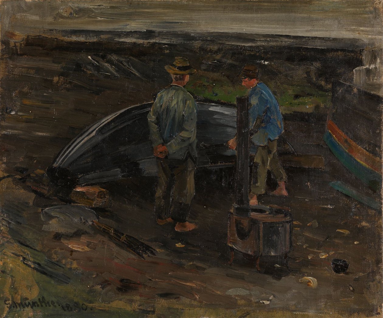 Jungen teeren ein Boot, Nevlunghavn von Gerhard Munthe