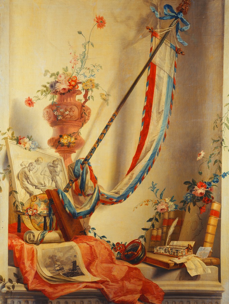 Ein Banner, Blumen in einer Urne, ein Relief, ein Globus, ein Druck, ein Kompass, ein Schreibset, Briefe und Blaeus Atlas in einer Nische von Gerke Jans de Jager