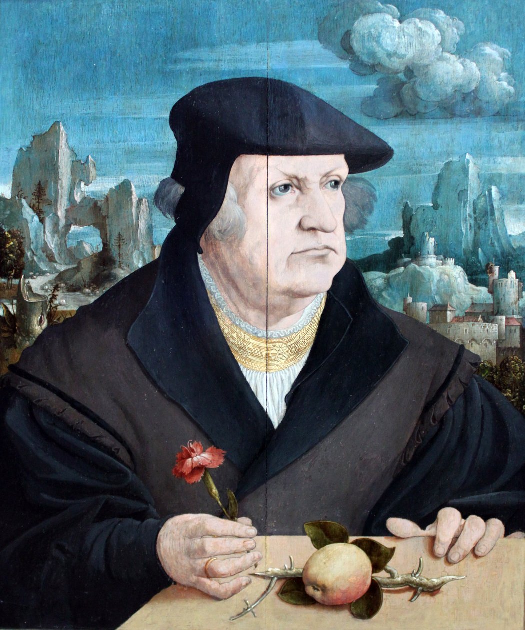 Porträt eines Mannes vor einer Landschaft mit einer Nelke von Gerlach Flicke