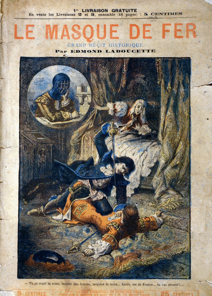 Le Masque de Fer, Titelbild des Romans von Edmond Ladoucette, veröffentlicht in Fortsetzungen Ende des 19. Jahrhunderts von Gerlier