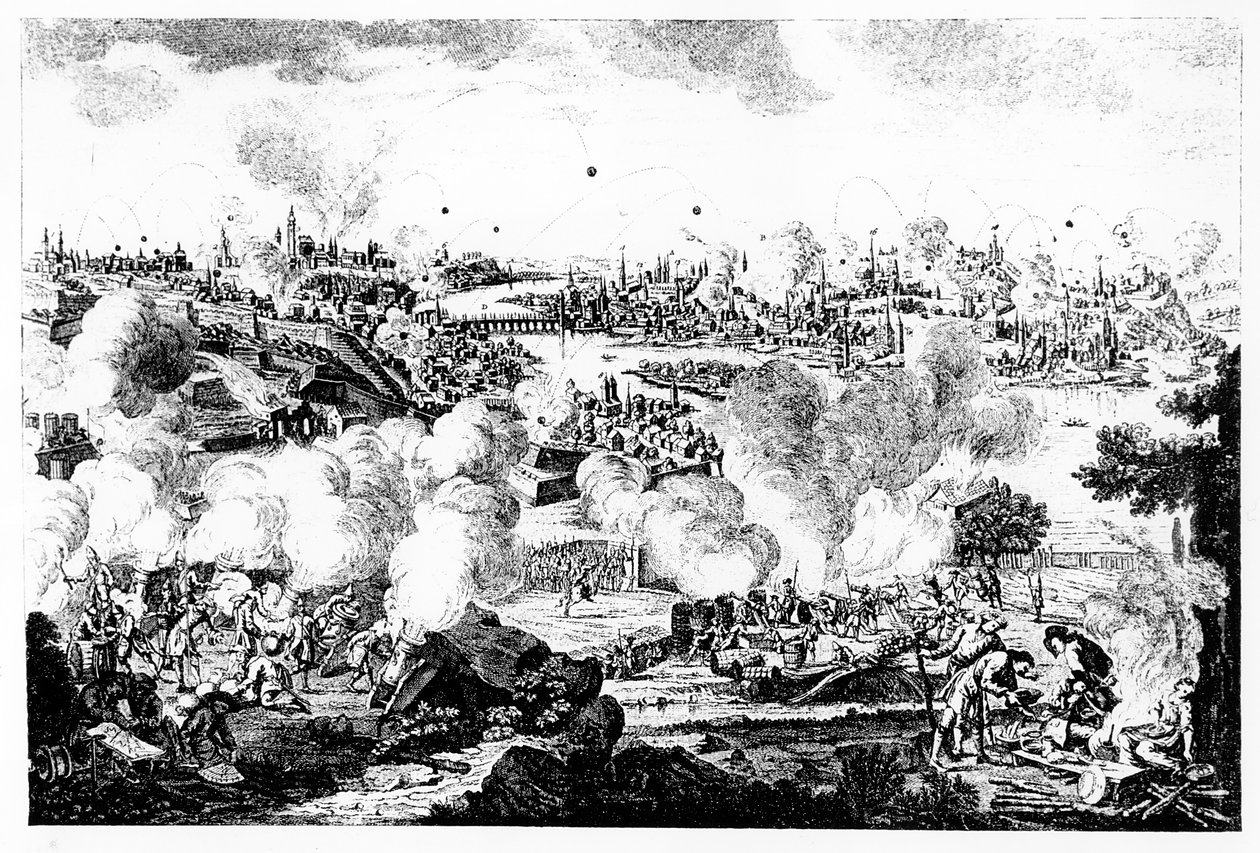 Bombardierung von Prag in der Nacht vom 29. auf den 30. Mai 1757, graviert von P. Benazech von German School