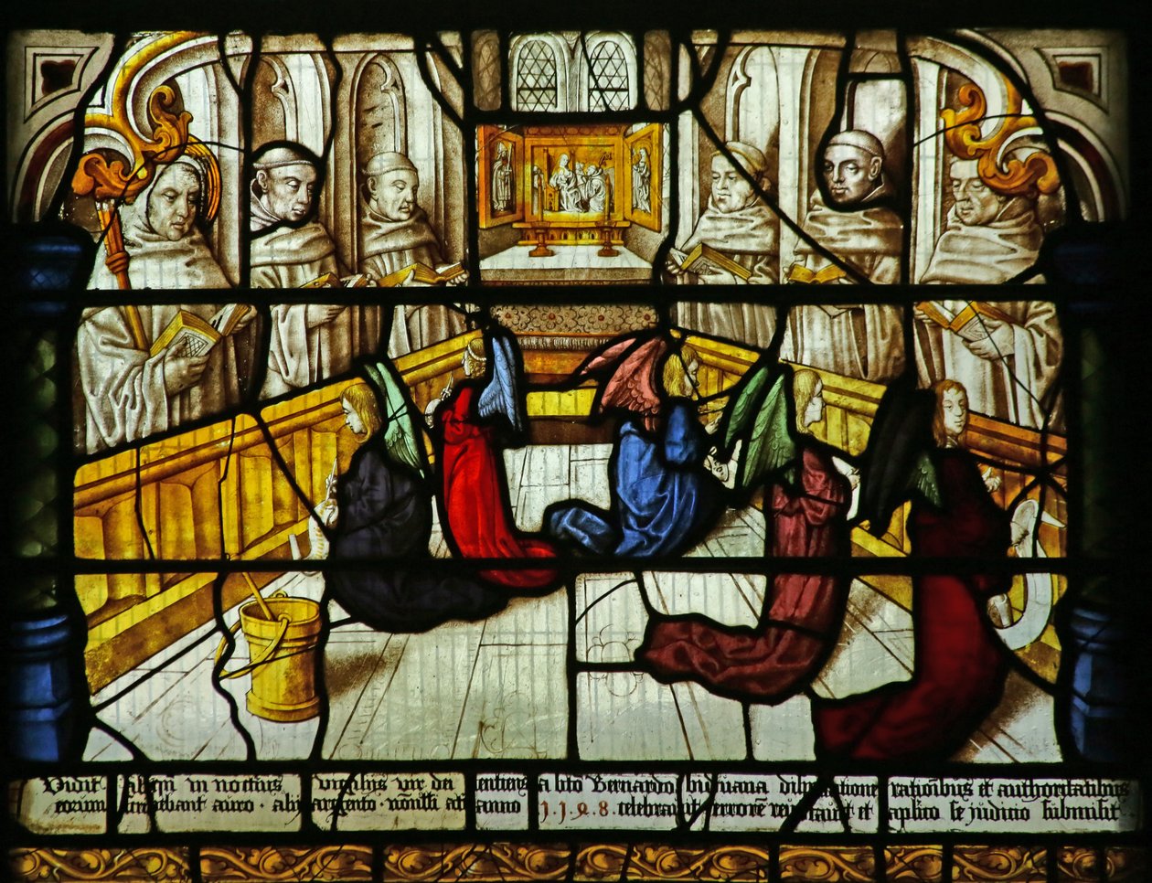 Der heilige Bernhard hat eine Vision von Engeln, die die singenden Mönche überwachen, um 1500 von German School
