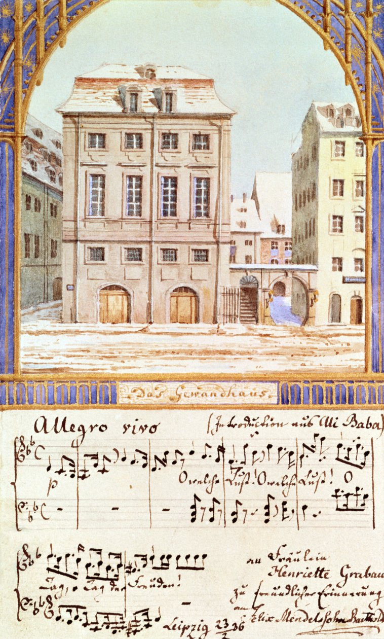 Das Leipziger Gewandhaus mit einem Musikstück von Felix Mendelssohn (1809-47) von German School
