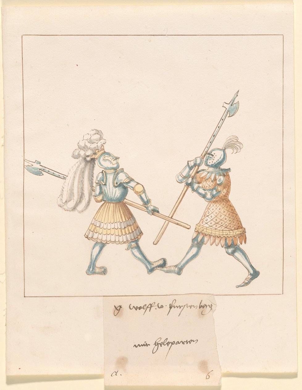 Freydal, Das Buch der Turniere und Turniere von Kaiser Maximilian I.: Kämpfe zu Fuß (Turniere)(Band III): G. Wolf von Fürstenberg mit Heleparten, Tafel 141 von German 16th Century