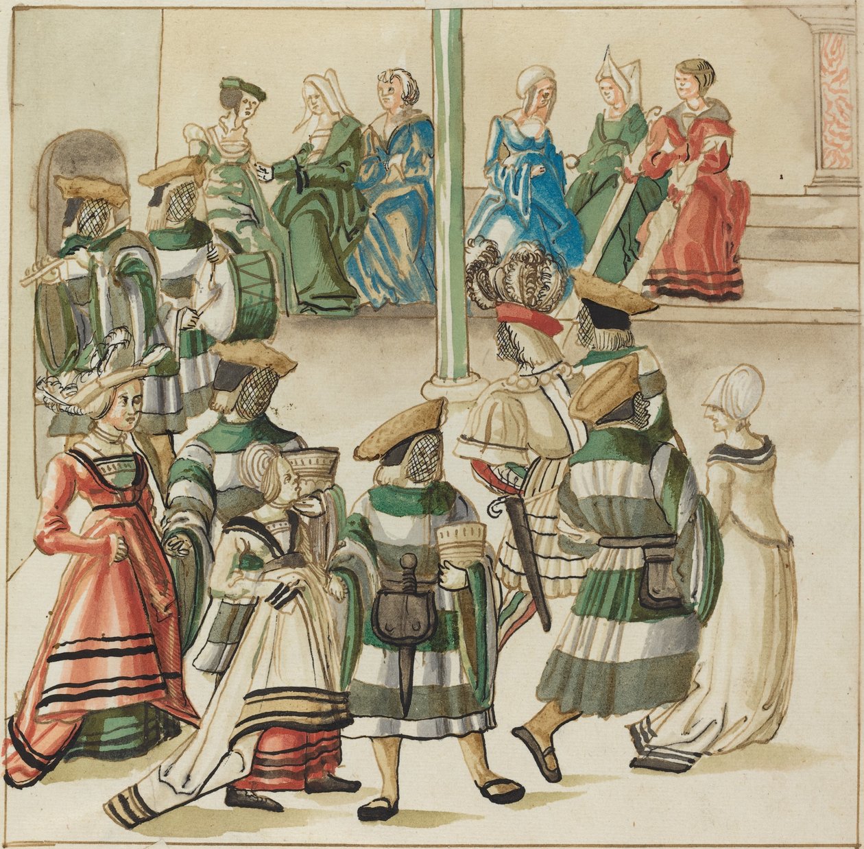 Drei tanzende Paare, angeführt von zwei Rittern in einem Raum mit Säule von German 16th Century