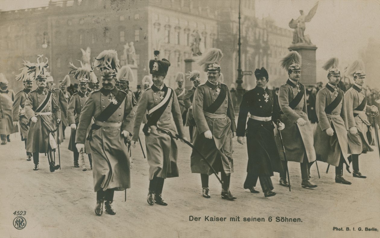 Kaiser Wilhelm II. von Deutschland mit seinen sechs Söhnen. Postkarte gesendet 1913. von German Photographer