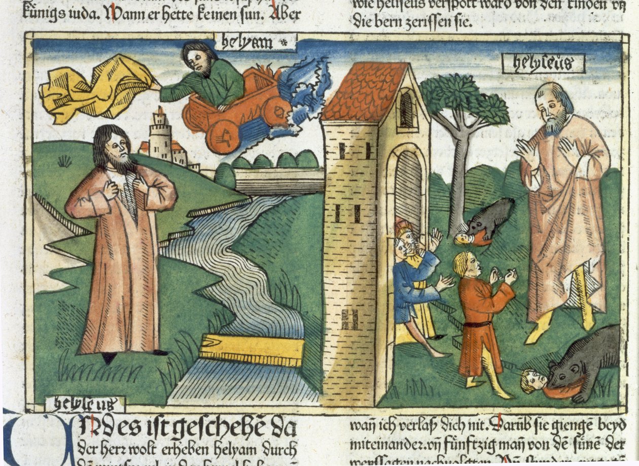 Elia fährt im Wirbelsturm in den Himmel und die Jungen, die Elischa verspotteten, werden von Bären gefressen, aus der Nürnberger Bibel (Biblia Sacra Germanaica) von German School