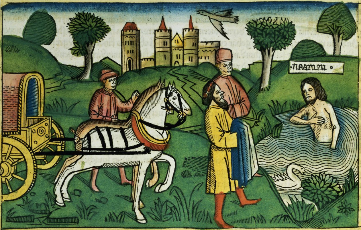 Die Reinigung Naemans, aus der Nürnberger Bibel (Biblia Sacra Germanaica) von German School