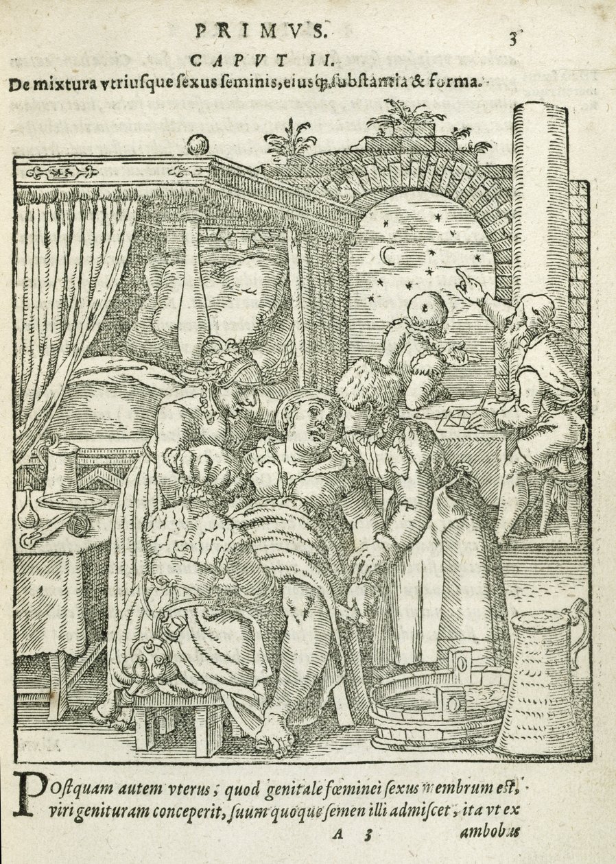 Eine Frau in den Wehen, Illustration aus Kapitel 2, Buch 1 von Über die Empfängnis und das Wachstum des Menschen von Rueff, 1587 von German School