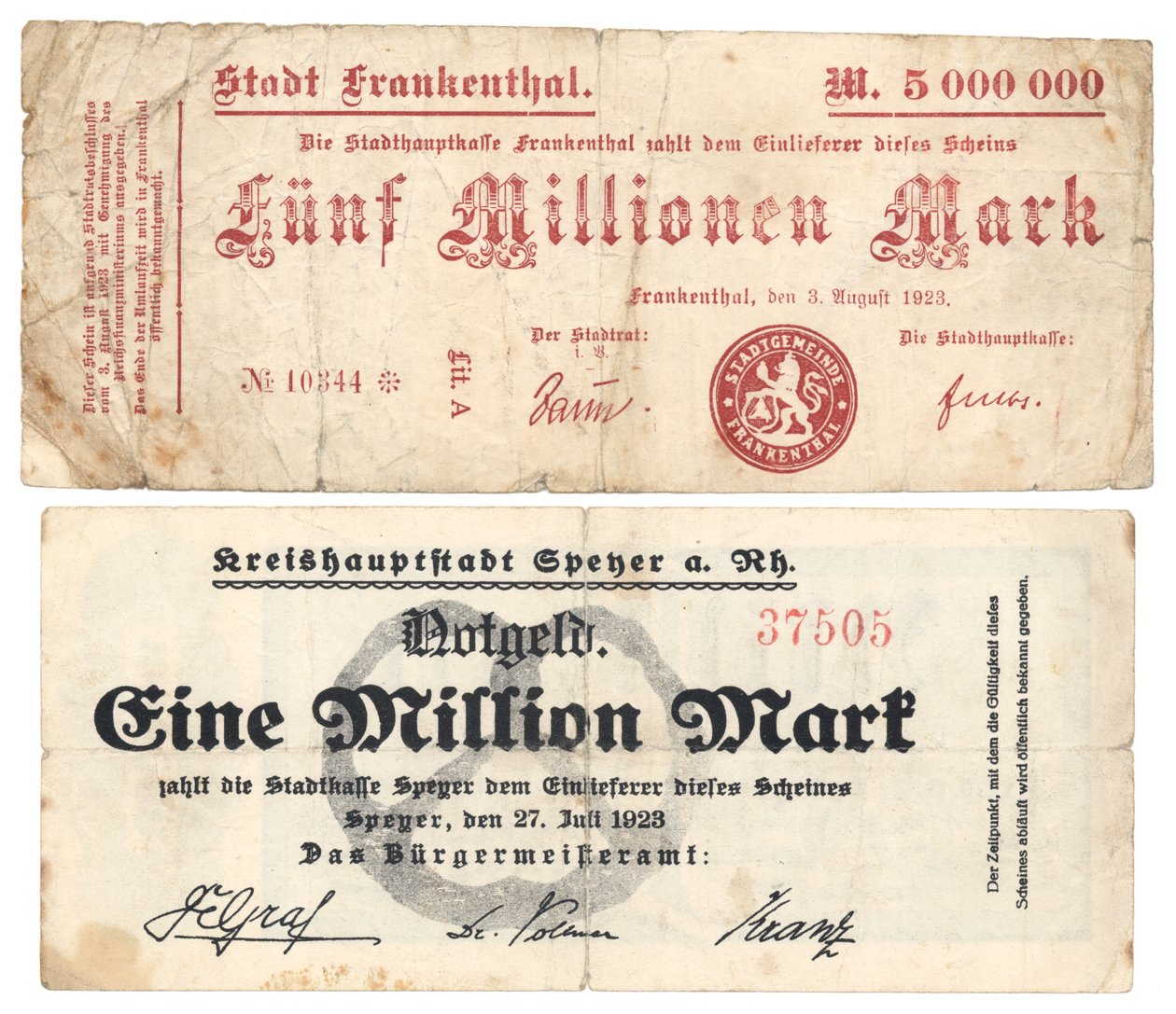 Eine Fünf-Millionen- und Eine-Million-Mark-Banknoten, 1923 von German School