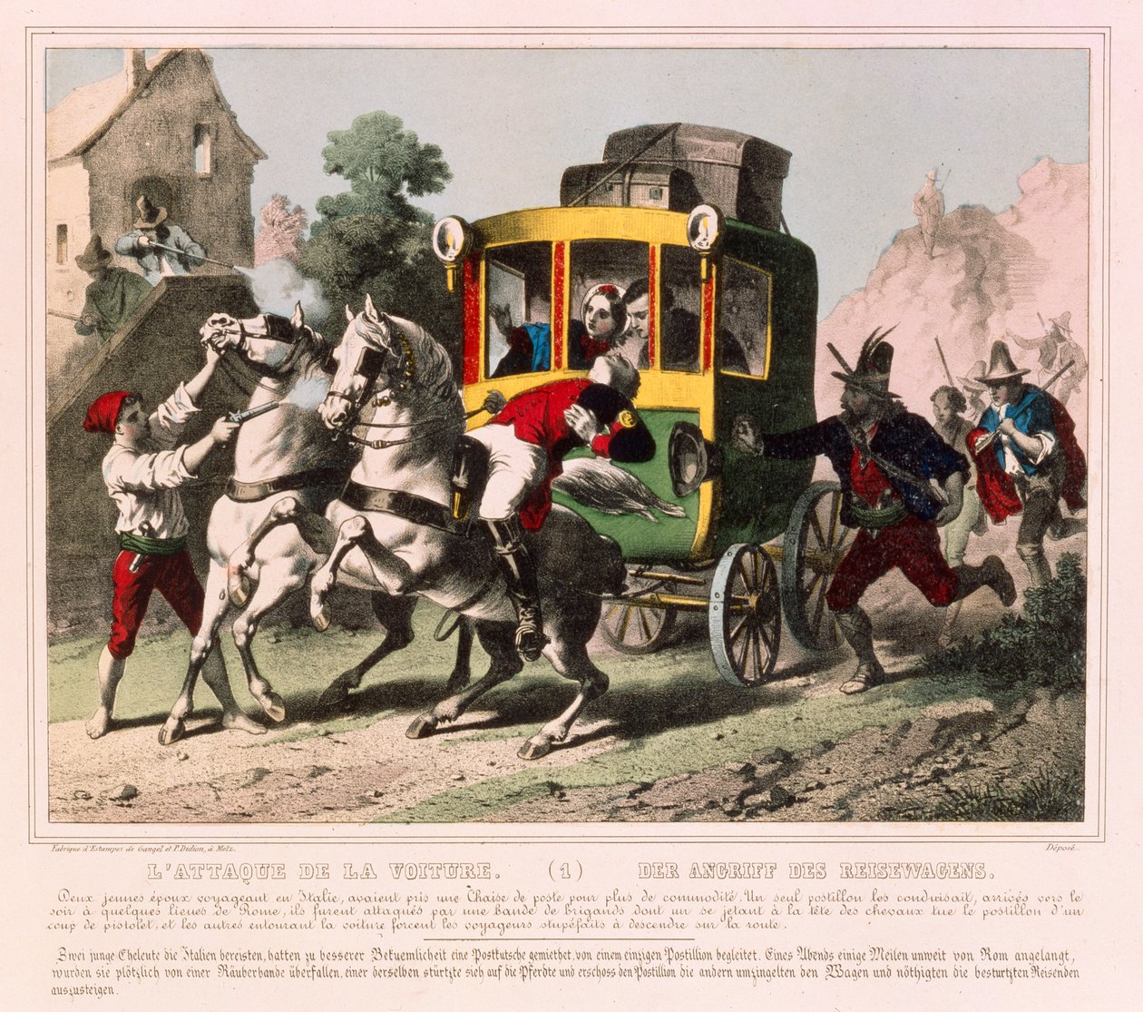 Ein Flitterwochenpaar wird in Italien von Straßenräubern angegriffen, illustriertes Flugblatt veröffentlicht von Gangel & P. Didion, Metz, ca. 1850 von German School