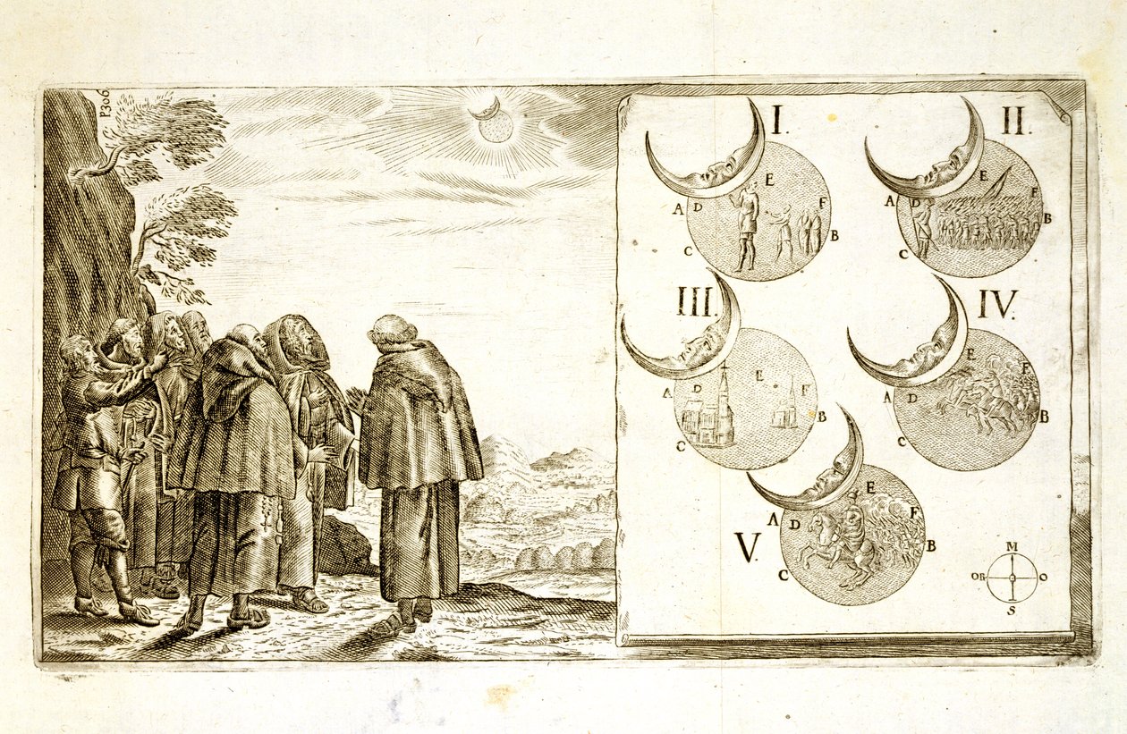 Ein militärischer Angriff, geplant entsprechend den Phasen einer Sonnenfinsternis, Illustration aus einem Buch über die osmanischen Feldzüge in Europa, graviert von Paul Furst (ca.1605-66) von German School