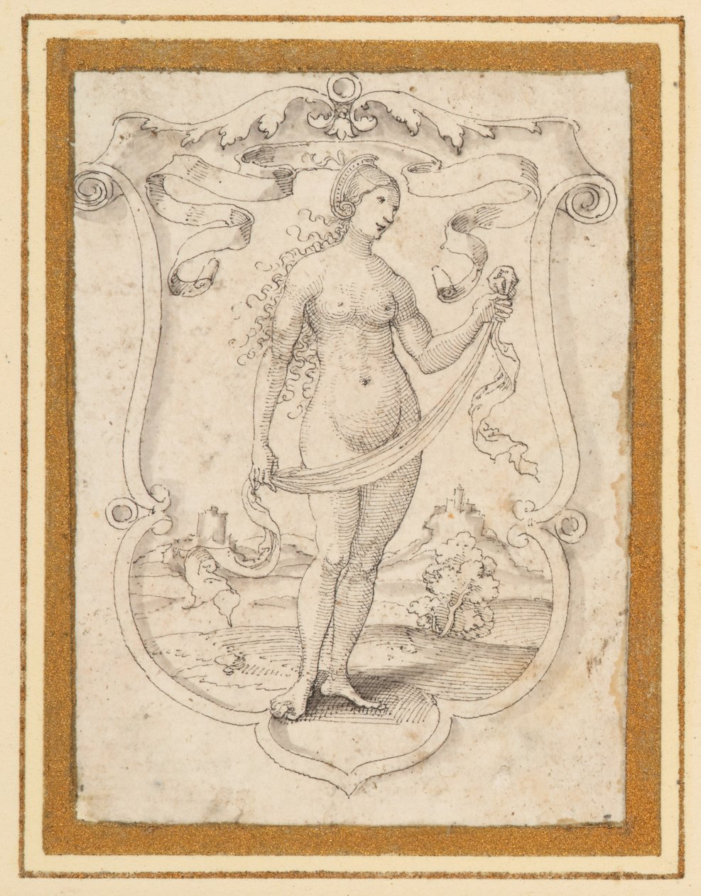 Ein gerolltes Schild mit dem Bild einer nackten Frau, die in einer Landschaft steht, mit einem Band darüber, vielleicht eine Allegorie des Stolzes von German School