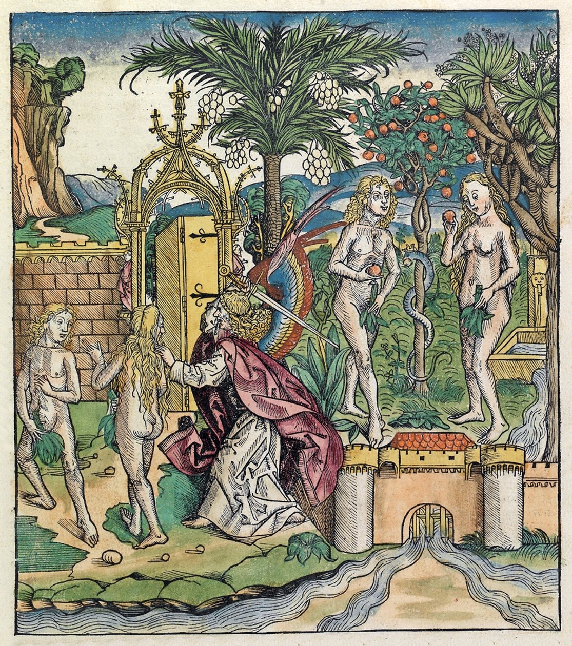 Adam und Eva werden aus Eden vertrieben, veröffentlicht in der Nürnberger Chronik, 1493 von German School