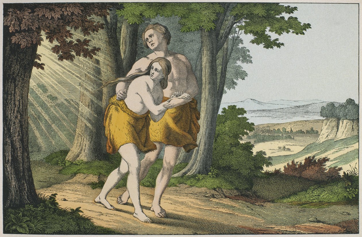 Adam und Eva werden aus dem Paradies vertrieben, Illustration aus dem Alten Testament, veröffentlicht von Jakob Ferdinand Schreiber, Esslingen (Farbstich) von German School