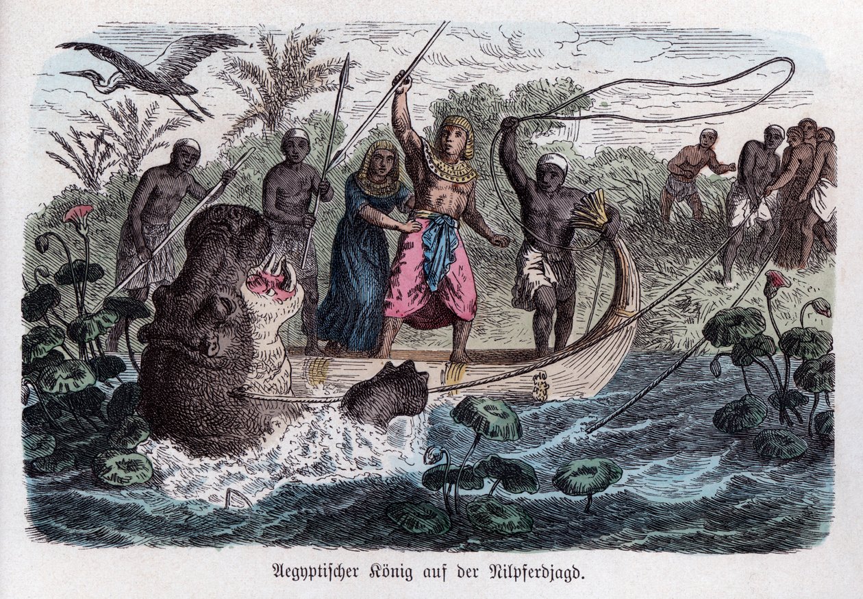 Alte Geschichte. Ägypten. Der Pharao auf Nilpferdjagd (Gravur) von German School