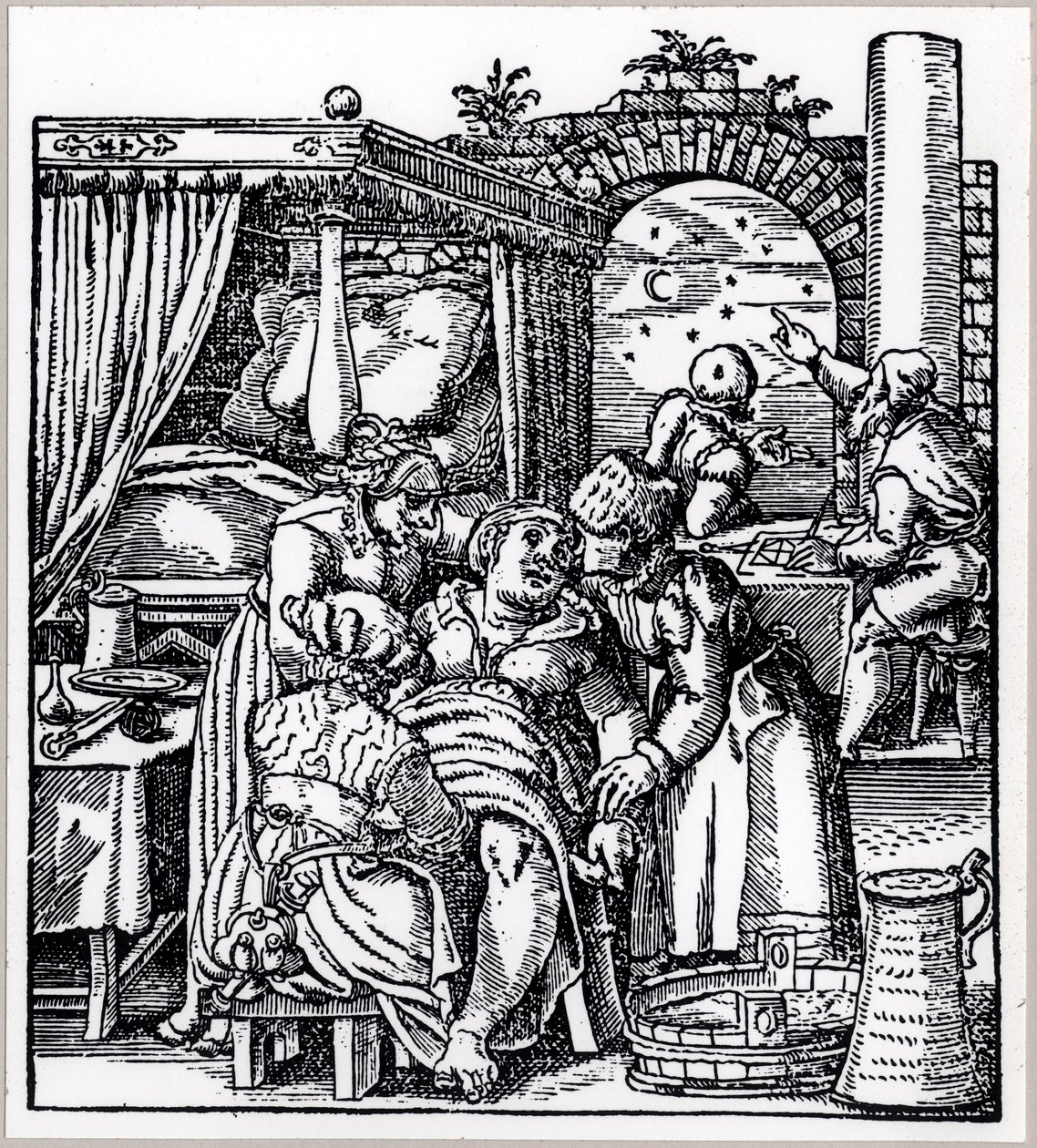 Astrologen erstellen ein Horoskop für das Kind, das einer Frau in einem Gebärstuhl geboren wird, aus De Conceptu et Generatione Hominis von Jacob Rueff, veröffentlicht in Frankfurt, 1587 von German School