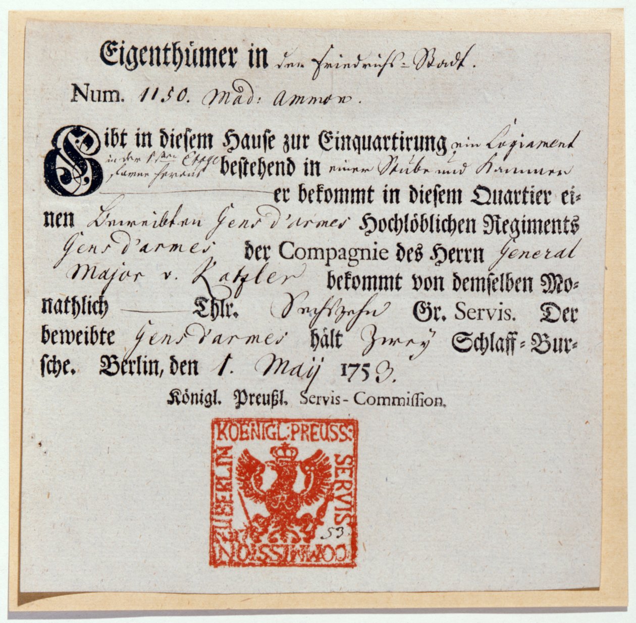 Einquartierungsschein, 1759 von German School