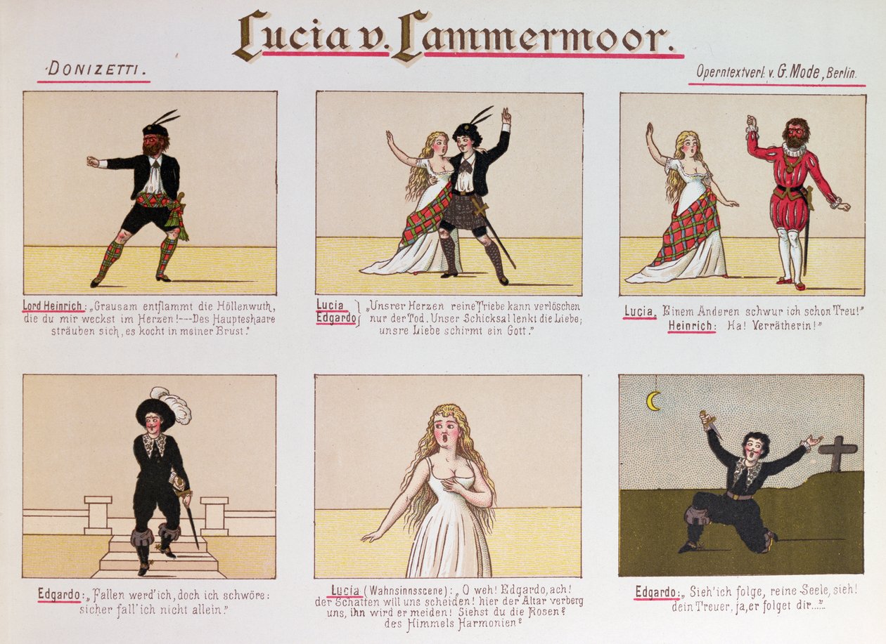 Karikatur, die sich über die Oper Lucia di Lammermoor von Donizetti lustig macht von German School