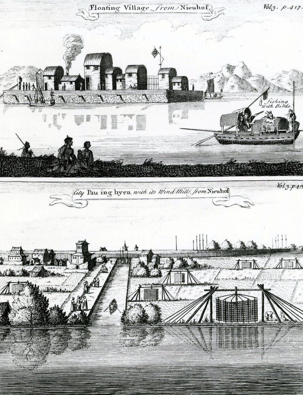 Chinesisches schwimmendes Dorf, 17. Jahrhundert von German School