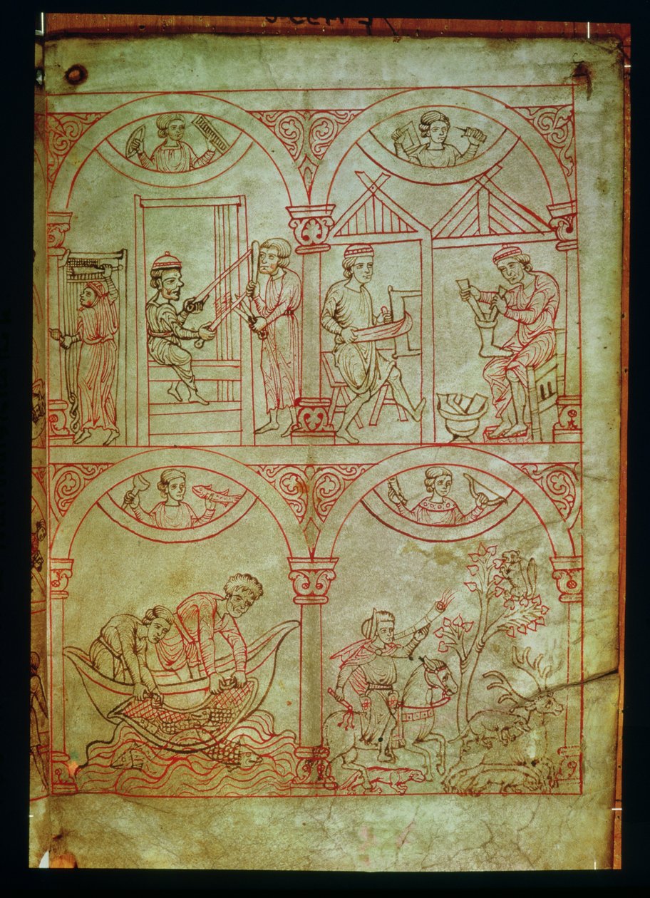 Codex 507 fol.2r Weber, Schuster, Fischer und Jäger, aus Renner Musterbuch, ca. 1208-18 von German School