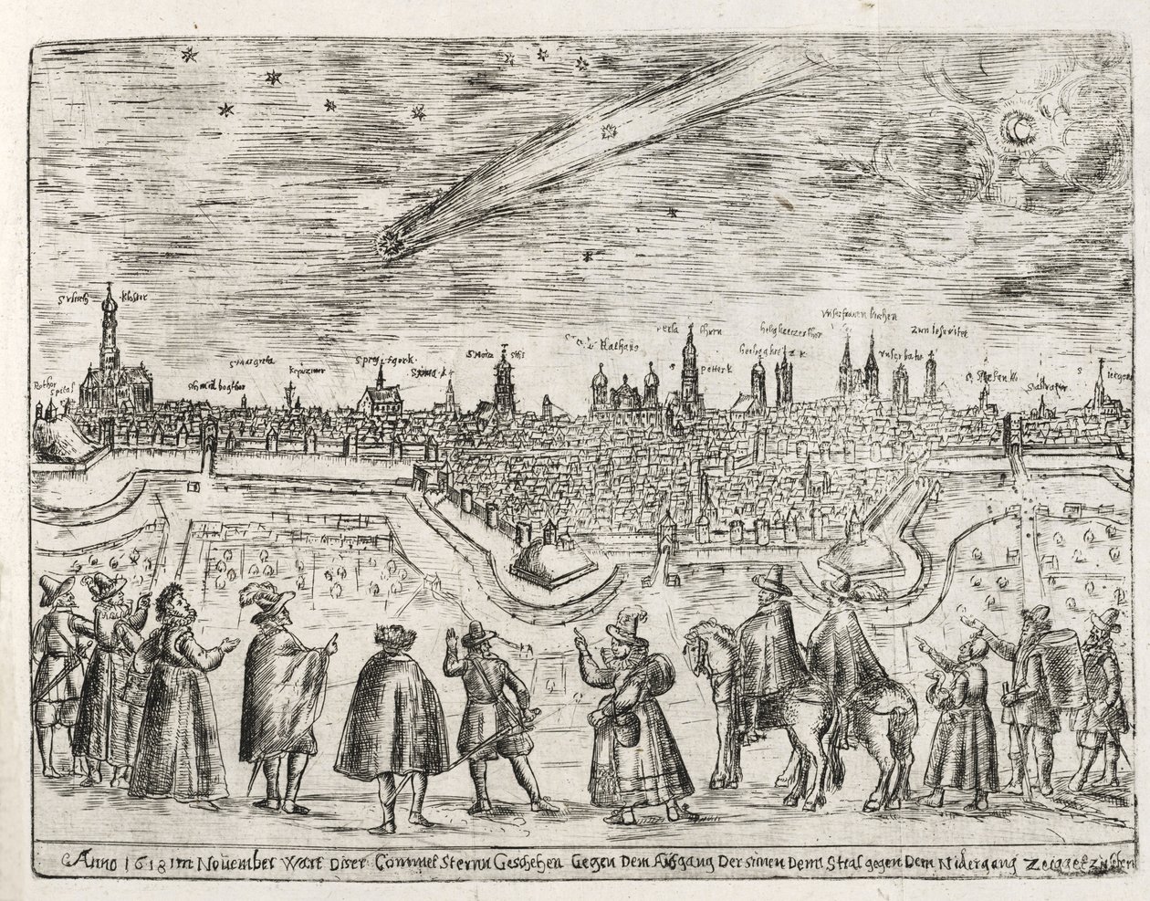 Komet über Augsburg Ende November 1618, aus Cometen Historia, veröffentlicht 1618 von German School