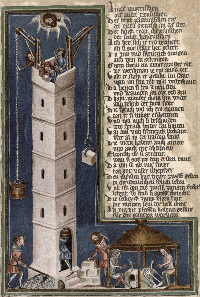 Bau des Turms von Babel, Kopie eines Manuskripts aus dem 15. Jahrhundert von German School