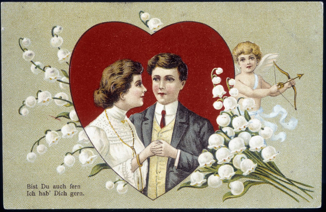 Liebespaar in einem Herz, umgeben von Maiglöckchen und Amor (Eros) - Deutsche Postkarte, 20. Jahrhundert von German School