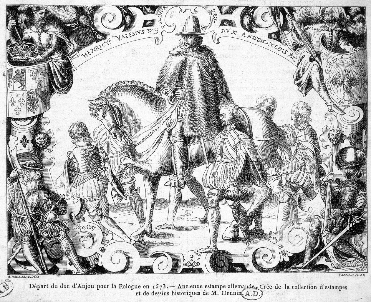 Abreise des Herzogs von Anjou nach Polen im Jahr 1573 (gewählter König von Polen, er wird seine Krone übernehmen) - Ein alter deutscher Druck aus der Sammlung von Drucken und historischen Zeichnungen von Herrn Hennin von German School