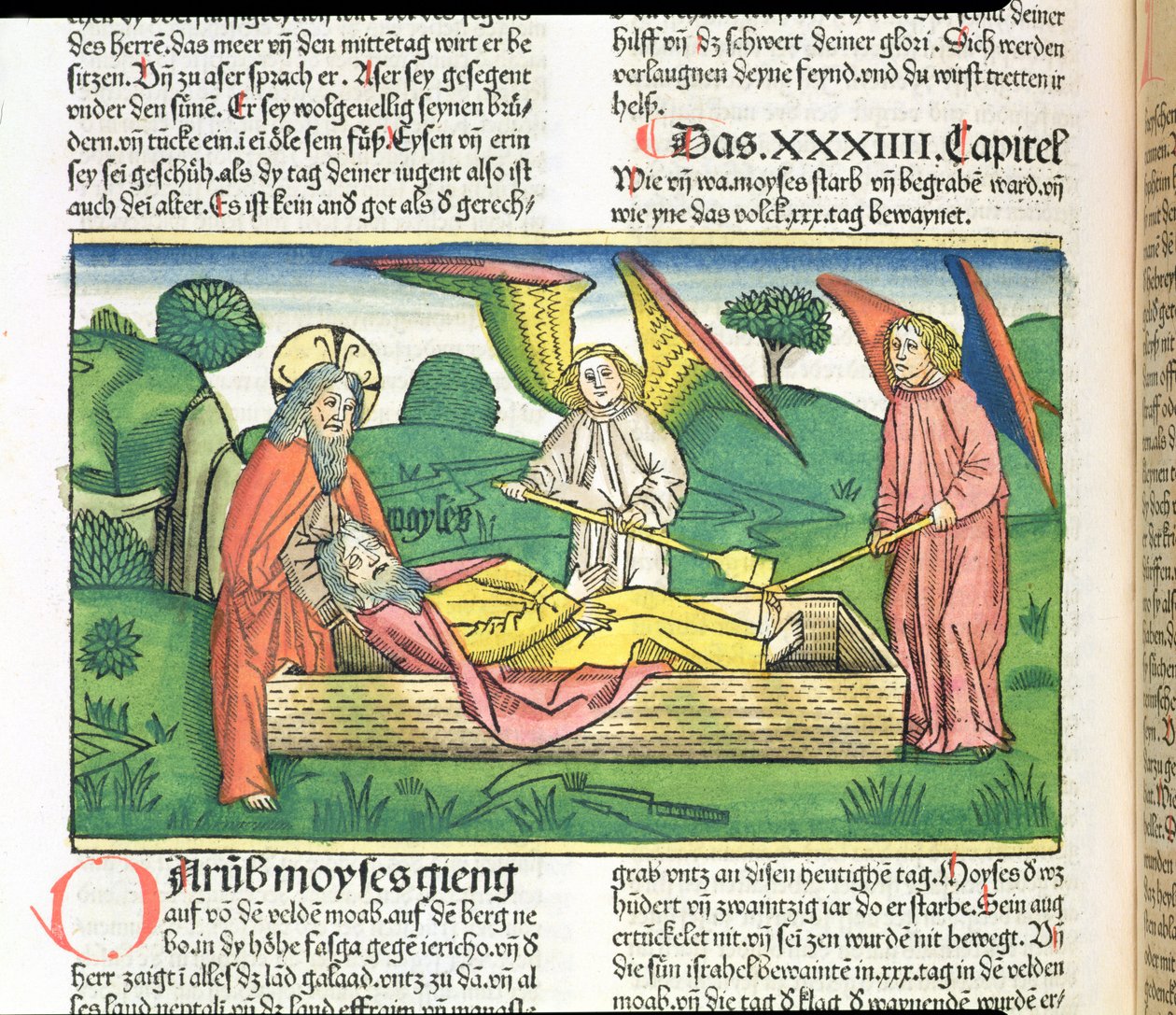 Deuteronomium 34 Tod Moses, aus der Nürnberger Bibel (Biblia Sacra Germanaica) von German School