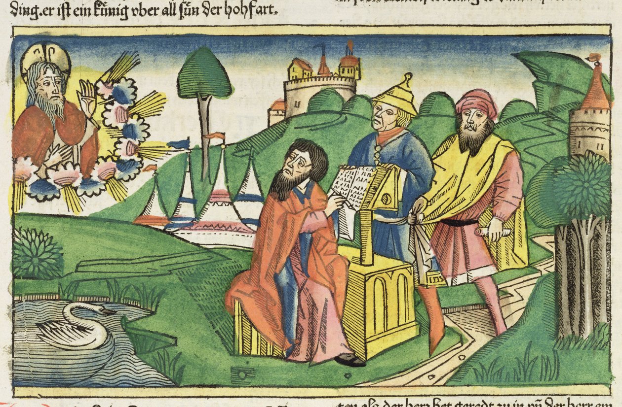 Deuteronomium: Frontispiz, in dem Gott die Gesetze macht, aus der Nürnberger Bibel (Biblia Sacra Germanaica) von German School