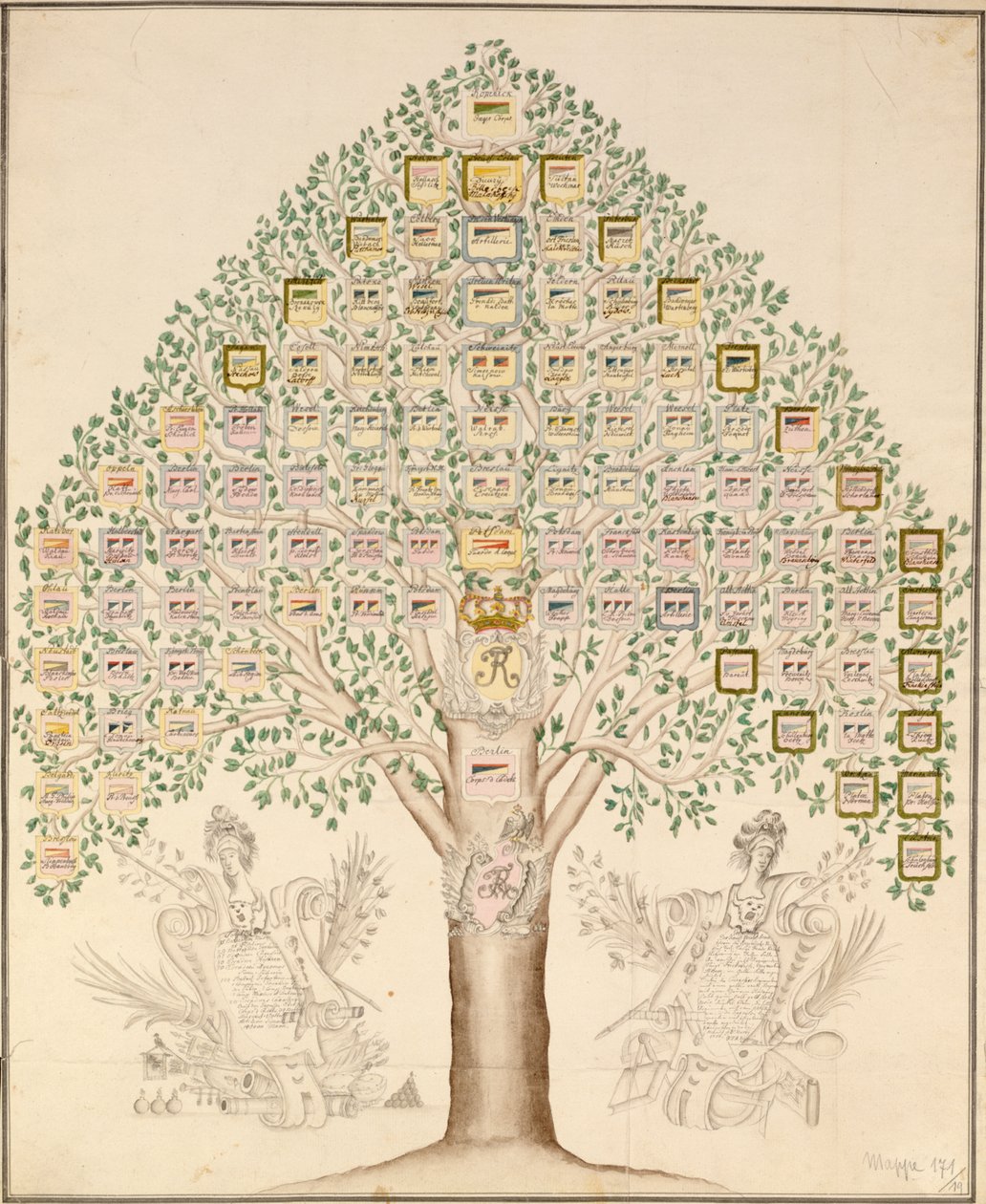 Diagramm der 97 Stationen der Regimenter, die die königlich-preußische Armee bildeten, 1756 von German School